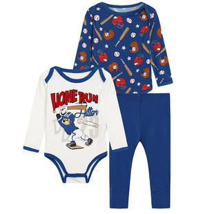 Boy 3 Pack Baseball Bodysuits with Long Pants Set